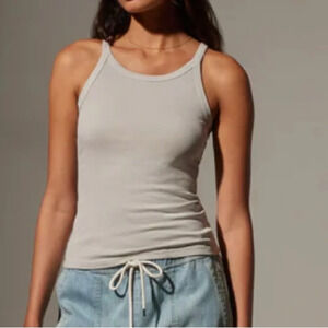 James Perse Women Light Grey High Neck Ribbed Cotton Cami Tank Top Size 0